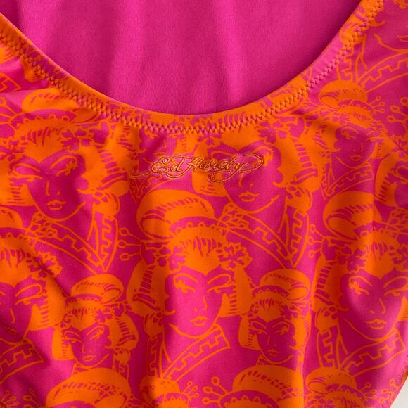 Ed Hardy‎ High Cut One Piece Swimsuit "Lady" Print Orange Pink Tie Size Large - Picture 5 of 10